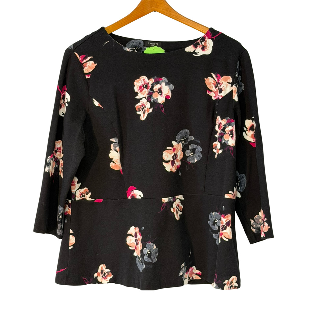 Talbots Woman Sz 1X Ponte Knit Pullover Dressy Top Peplum at Waist Black Floral